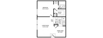 A floor plan of a small apartment with a bedroom, living room, kitchen, and dining area.