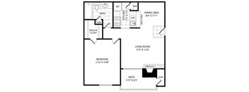 A floor plan of a house with a living room, dining area, kitchen, bathroom, bedroom, and patio.