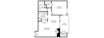 A floor plan of a house with a living room, dining area, kitchen, and bathroom.