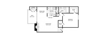 A floor plan of a house with a living room, dining area, kitchen, bathroom, and laundry room.