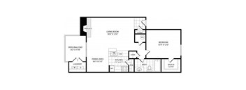 A floor plan of a house with a living room, dining area, kitchen, bathroom, and laundry space.