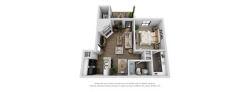 A 3D floor plan of a small apartment with a kitchen, living room, and bathroom.