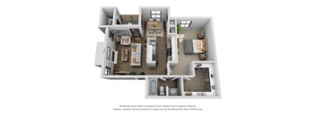 A 3D floor plan of a house with a kitchen, living room, and bedrooms.