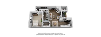 A 3D floor plan of a house with a kitchen, living room, and bedrooms.