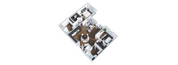 A 3D floor plan of a house with a kitchen, living room, and two bedrooms.
