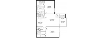 A floor plan of a house with a living room, dining area, kitchen, and two bedrooms.