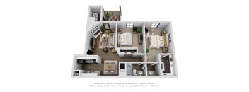 A 3D floor plan of a house with a kitchen, living room, and bedrooms.