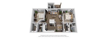 A 3D floor plan of a house with multiple rooms and furniture.