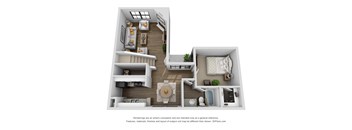 A 3D floor plan of a two-bedroom apartment with a living room, kitchen, and bathroom.
