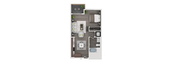 A top-down view of a modern living room with a couch, coffee table, and kitchen area.