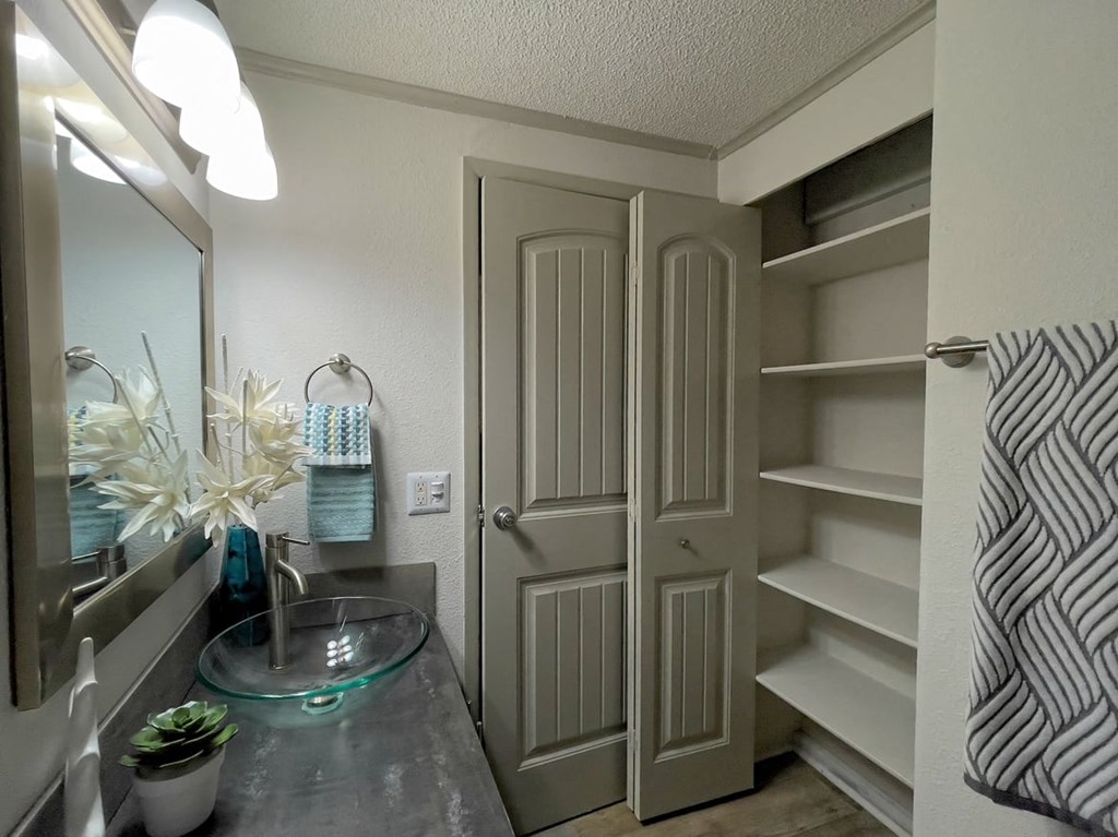 Bathroom in the Retreat at Indian Lake one bedroom apartment in Hendersonville with large linen closet and bi-fold doors.