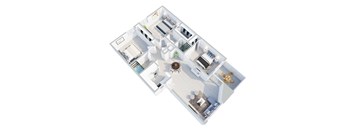 A 3D floor plan of an apartment with a kitchen, living room, and bedrooms.