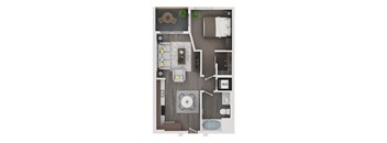 A top-down view of a modern apartment layout with a kitchen, living room, and bathroom.