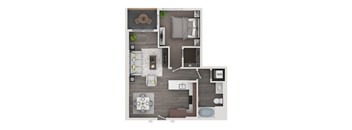 A top-down view of a modern apartment layout with a living room, dining area, kitchen, and bedroom.