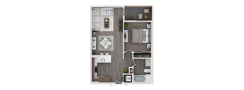 A top-down view of a modern apartment layout with a kitchen, living room, and bathroom.