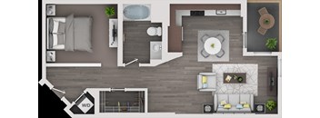 A top-down view of a well-organized apartment with a kitchen, living room, and bathroom.