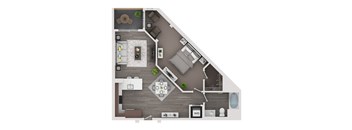A top-down view of a living room with a dining area and kitchen.