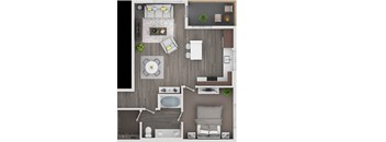 A top-down view of a modern living room with a grey sofa, a white coffee table, and a grey rug.