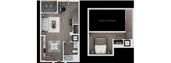 A floor plan of a two-bedroom apartment with a living room, kitchen, and bathroom.