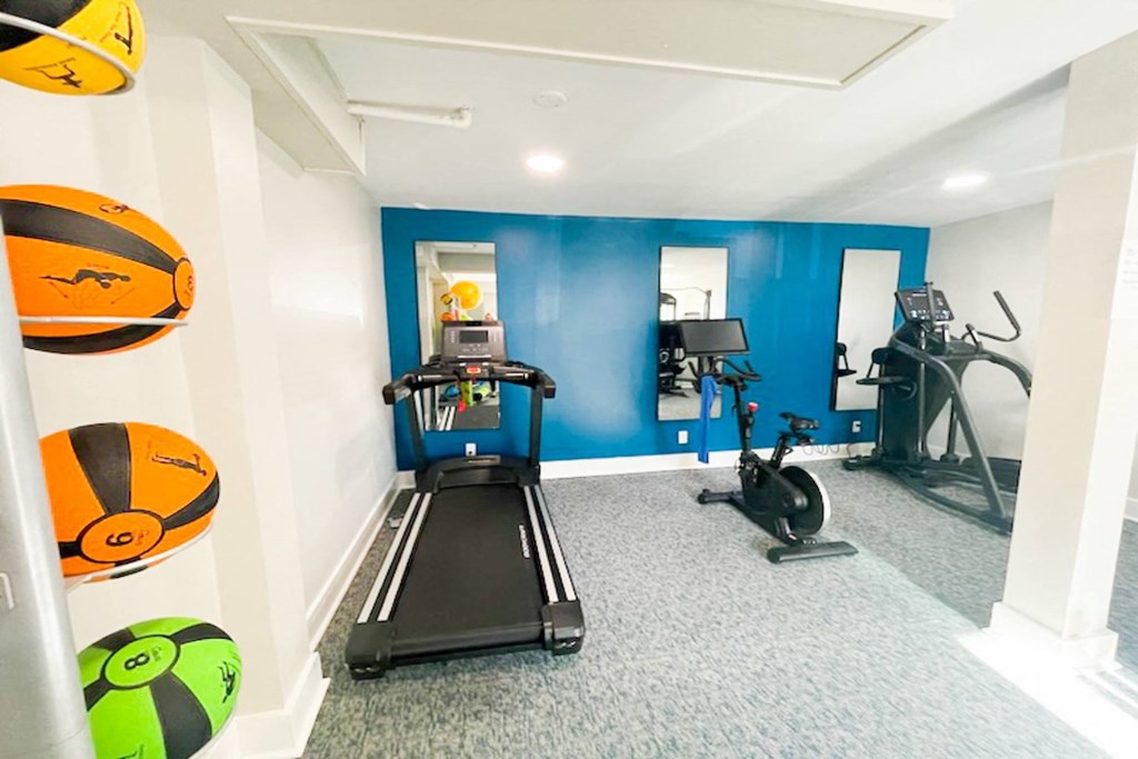 Gym in The Canvas apartments in Nashville, Tennessee with cardio machines facing mirrors on a blue accent wall and exercise balls.