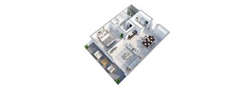 A 3D floor plan of an apartment with a kitchen, living room, and dining area.
