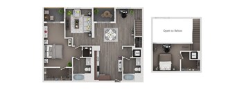 A floor plan of a house with a kitchen, living room, dining room, and bathrooms.