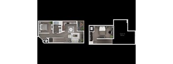 A floor plan of a two-story apartment with a living room, kitchen, and bedrooms.