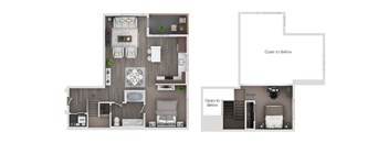 A floor plan of a two-story apartment with a living room, kitchen, and bedrooms.
