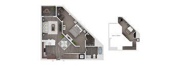 A floor plan of a house with a kitchen, living room, dining room, and bathrooms.