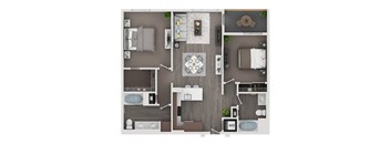 A top-down view of a modern, well-organized apartment with a kitchen, living room, and bathroom.