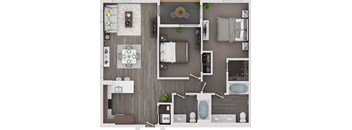 A top-down view of a modern apartment layout with a kitchen, living room, and bathrooms.