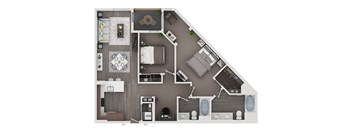 A top-down view of a house layout with a living room, kitchen, dining area, and bathrooms.