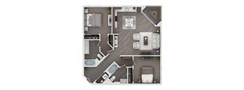 A top-down view of a well-furnished apartment with a kitchen, living room, and bedroom.