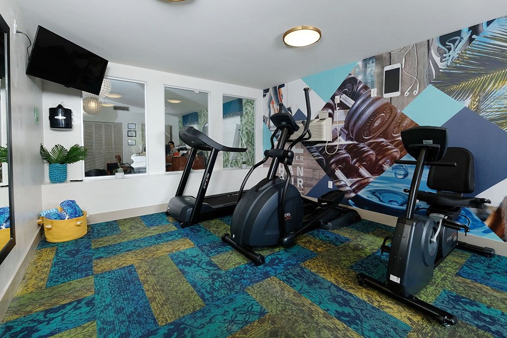 Gym at Watermarq luxury Apartments in Lakeland, Fl with three cardio machines, television, and large windows facing leasing office.
