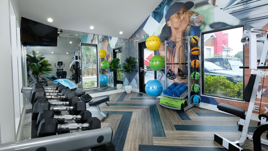 Fusion Orlando apartment fitness center with dumbbells and bodyweight equipment next to large windows looking out to parking lot.