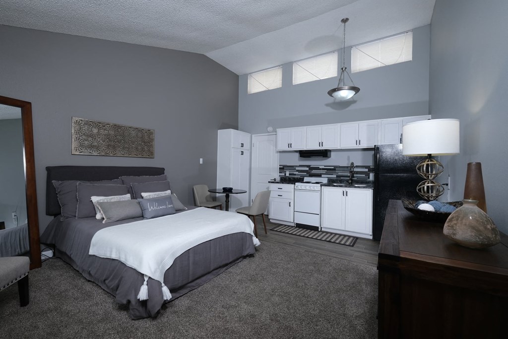 Fusion Fort Worth spacious studio apartment living area with grey carpet and grey plank flooring in modern kitchen area.