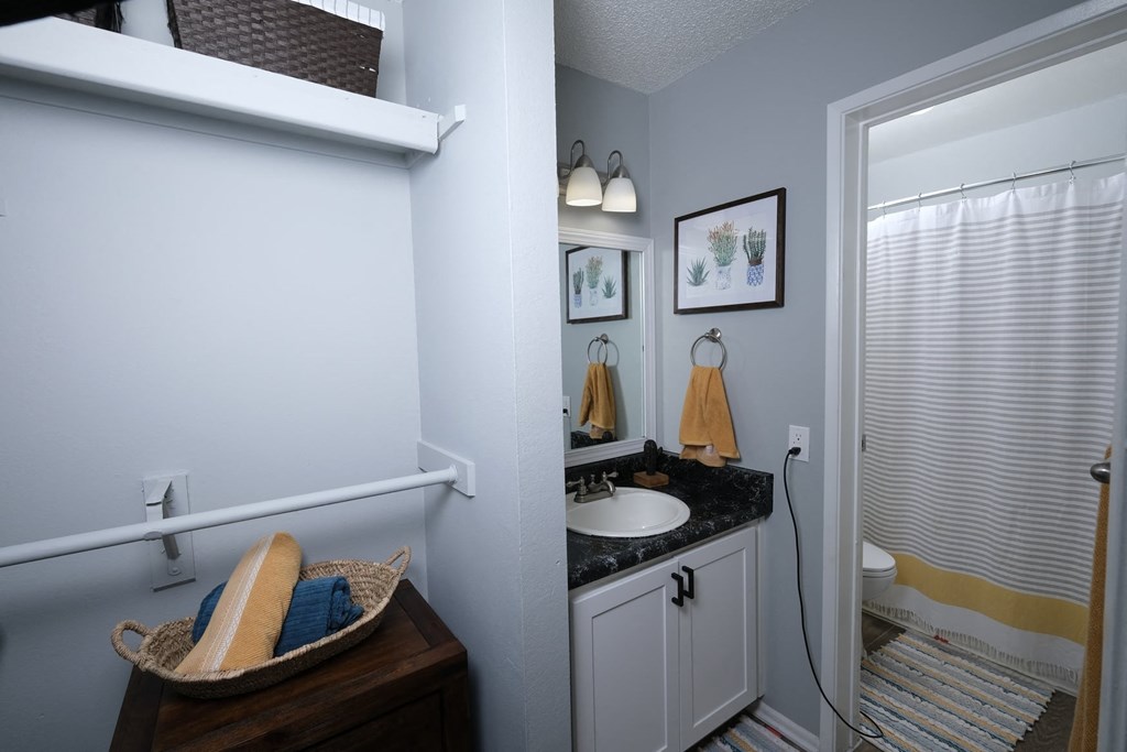 Fusion Fort Worth studio apartment bathroom with single sink and separate room for bathtub and toilet. Closet area next to sink with two curtain rods.