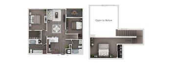 A floor plan of a two-story apartment with a living room, kitchen, and bedrooms.