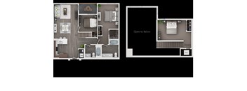 A floor plan of a two-story apartment with a living room, kitchen, and bedrooms.