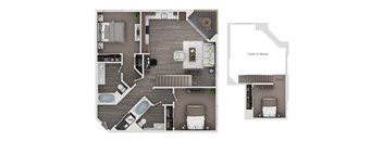 A top-down view of a house layout with a kitchen, living room, and bathrooms.
