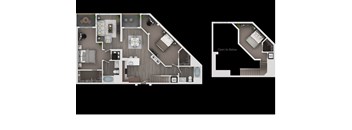 A floor plan of a house with a kitchen, living room, and bathrooms.