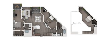 A floor plan of a two-story home with a living room, kitchen, and bedrooms.