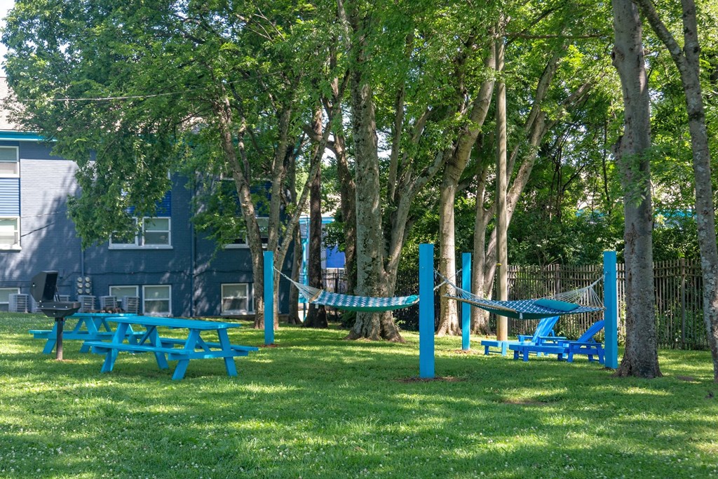 Outdoor community area in the Canvas Apartments in Nashville with hammocks, picnic tables, lounge chairs, and grill in a grassy field with trees.