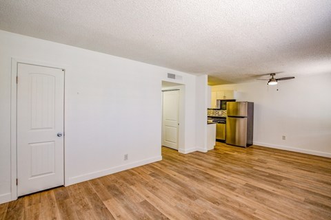 A room with a white door and a wooden floor.