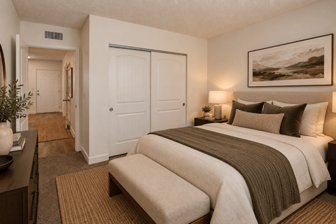Fifteen 50 Apartments bedroom staged with a large bed and a painting on the wall.