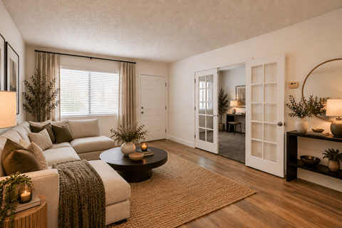 Fifteen 50 Apartments living room staged with a white couch, a coffee table, and a rug.