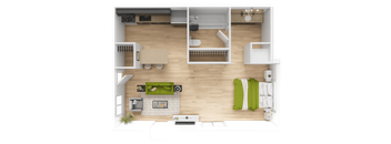 A top-down view of a living room with a fireplace, couches, and a dining area.
