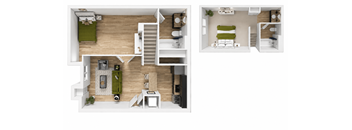 A set of three images showing different layouts of a small apartment.