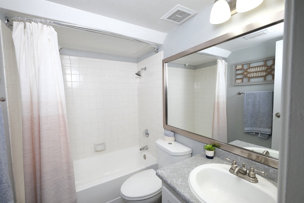 Fusion Fort Worth apartment bathroom with white tile tub and ombre shower curtain, white toilet, and single sink with vanity light and mirror.