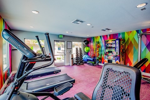 A gym with treadmills and exercise equipment.